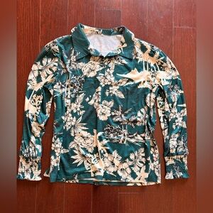 Women's Green Floral Collared Long-Sleeve Top